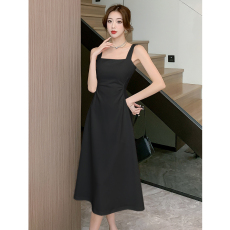 大量货，直贡呢面料茶歇法式露肩无袖吊带连衣裙辣妹显瘦收腰长裙