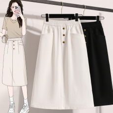 批发实拍<b class='q'>夏</b>款大码松紧腰宽松休闲A字牛仔半身裙胖MM高腰遮肚中长款裙