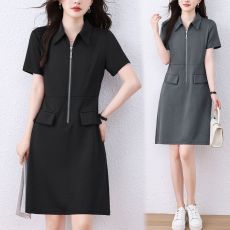 批发网红休闲短袖Polo领<b class='q'>卫衣</b>女夏季宽松显瘦中长款简约气质大码连衣裙