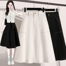 批发实拍春<b class='q'>夏</b>款大码女装牛仔半身裙女胖MM宽松弹力高腰中长款a字伞裙