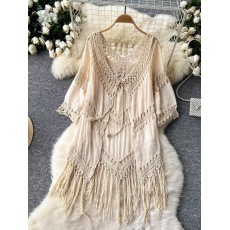 批发<b class='q'>欧美</b>海边度假镂空钩花系带V领流苏罩衫女薄款外穿宽松流苏连衣裙