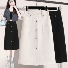 批发实拍春<b class='q'>夏</b>新款大码牛仔半身裙女中长款胖MM裙子松紧高腰a字包臀裙