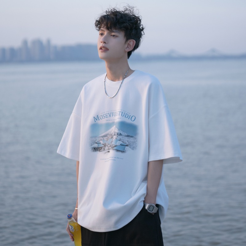 100 순면 220g 스노우 마운틴 풍경 반팔 티셔츠 남자 여름 새로운 5 점 소매 캐주얼 루즈핏 티셔츠 청소년