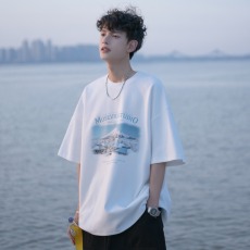 批发100%纯棉220g雪山风景短袖t恤男夏季新款五分袖休闲宽松t恤青少年