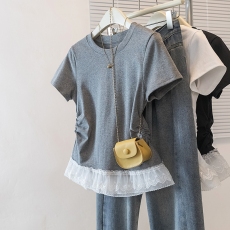 批发档口实拍大码夏季纯欲蕾丝花边芭蕾风短袖t恤高级感内搭打底上衣