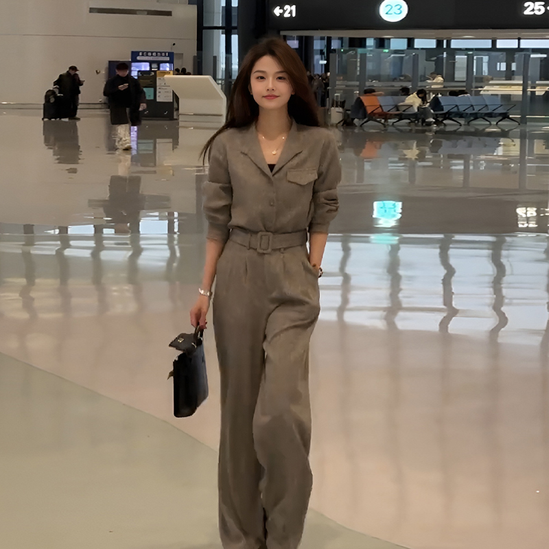 경관 그림 패션 세트 2026 봄 가을 외국 가스 연령 감소 작은 키 쇼트 스타일 재킷 하이웨이스트 와이드 레그 팬츠 투피스 세트