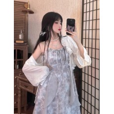 批发2026新款烟雨墨染灰色扎染<b class='q'>吊带</b>连衣裙清冷感仙女裙夏开衫两件套