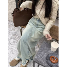 批发复古毛边牛仔半身裙女<b class='q'>冬</b>季小个子高腰显瘦百搭中长款a字大摆长裙
