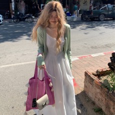 批发大码气质甜美清新<b class='q'>日系</b>系带蕾丝吊带<b class='q'>连衣裙</b>夏无袖收腰时尚连衣长裙