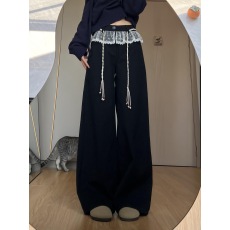 批发西装腰头2025早春新款蕾丝拼接小众设计感<b class='q'>牛仔</b>裤女长裤潮