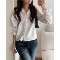 批发chic 早春韩系温柔减龄时尚木耳花边V领蝴蝶结长袖别致衬衫上衣