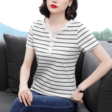 批发纯棉新款百搭气质条纹显瘦薄款短袖<b class='q'>夏</b>季韩版洋气时尚V领带纽扣T恤