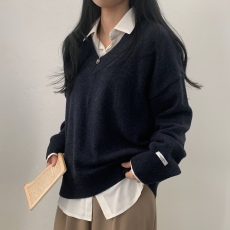 批发实拍大码女装 韩版宽松慵懒毛衣v领套头针织上衣