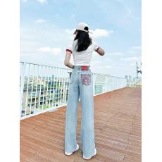 批发新中式国风窄版阔腿裤女高腰垂感2024高级春浅蓝色刺绣直筒牛仔裤