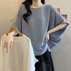 批发大码慵懒风宽松<b class='q'>雪纺</b>短袖衬衫女夏季新款胖mm蝙蝠袖遮肚显瘦上衣