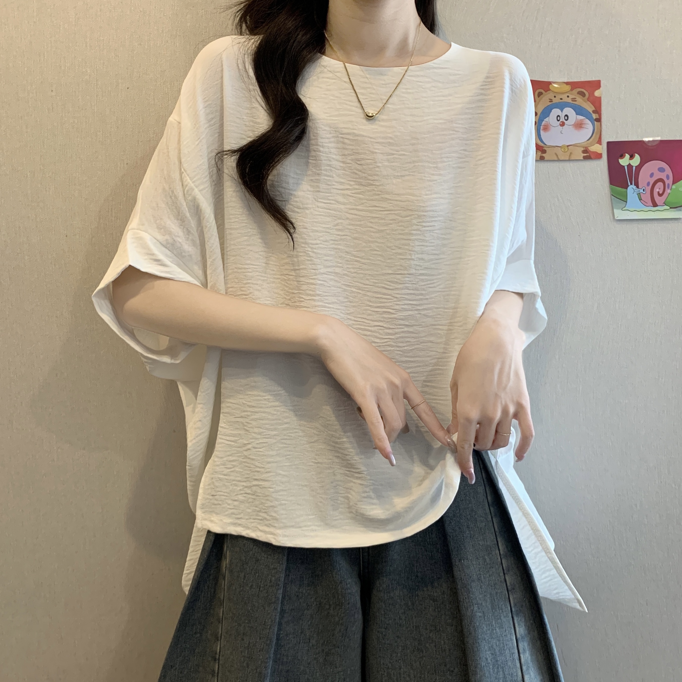 大码女装慵懒风宽松蝙蝠袖t桖胖mm气质遮肚显瘦欧货短袖上衣