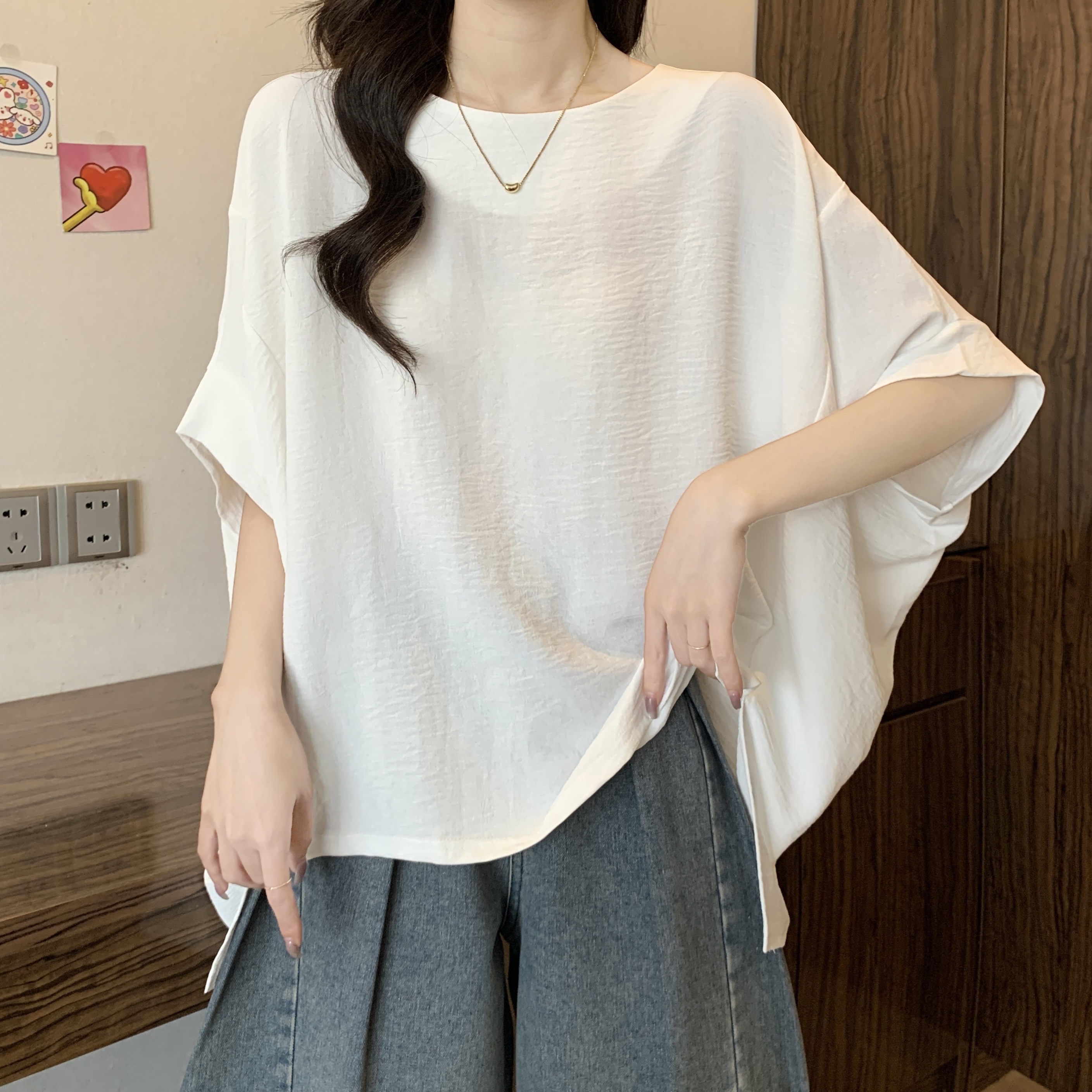 大码女装慵懒风宽松蝙蝠袖t桖胖mm气质遮肚显瘦欧货短袖上衣