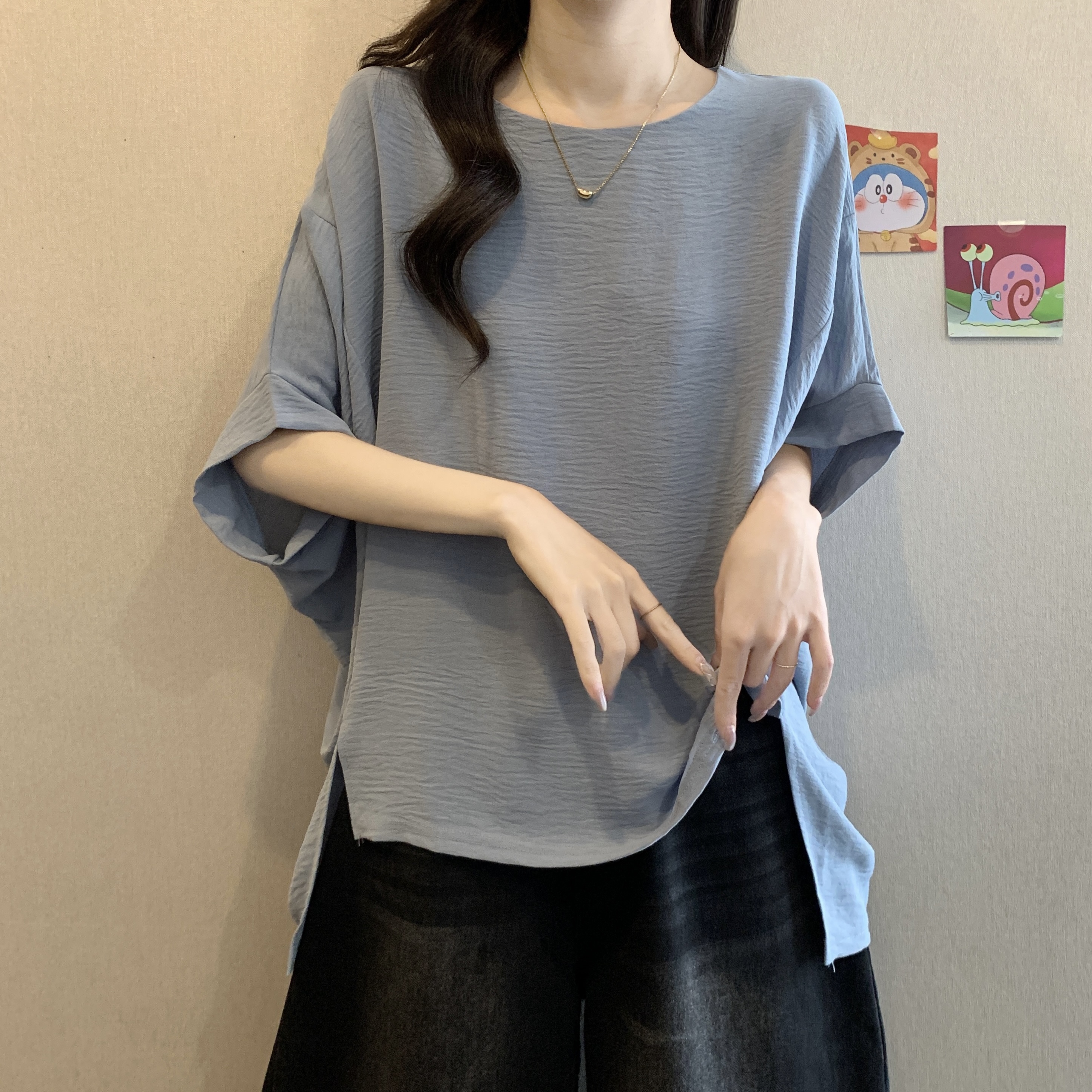 大码女装慵懒风宽松蝙蝠袖t桖胖mm气质遮肚显瘦欧货短袖上衣