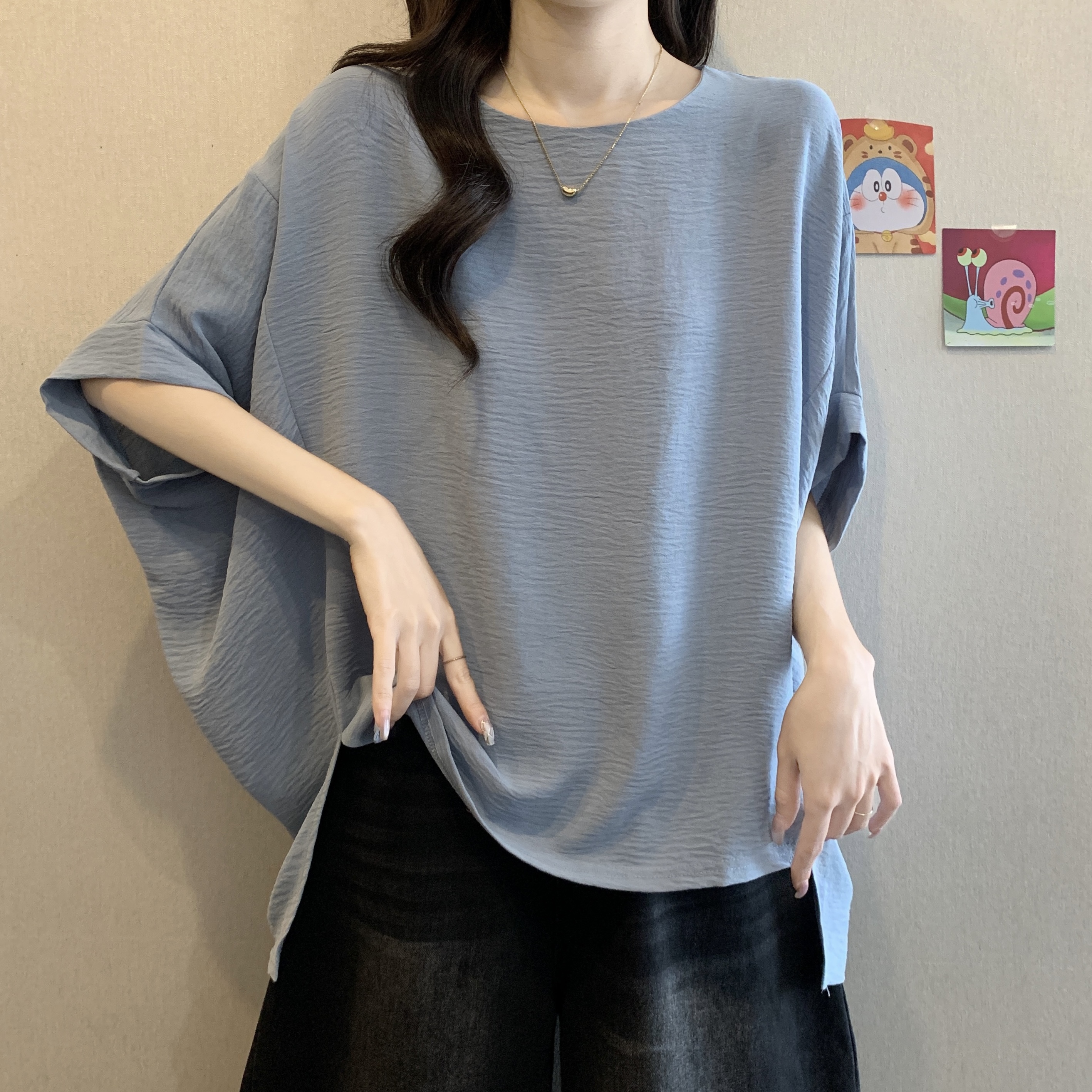 大码女装慵懒风宽松蝙蝠袖t桖胖mm气质遮肚显瘦欧货短袖上衣