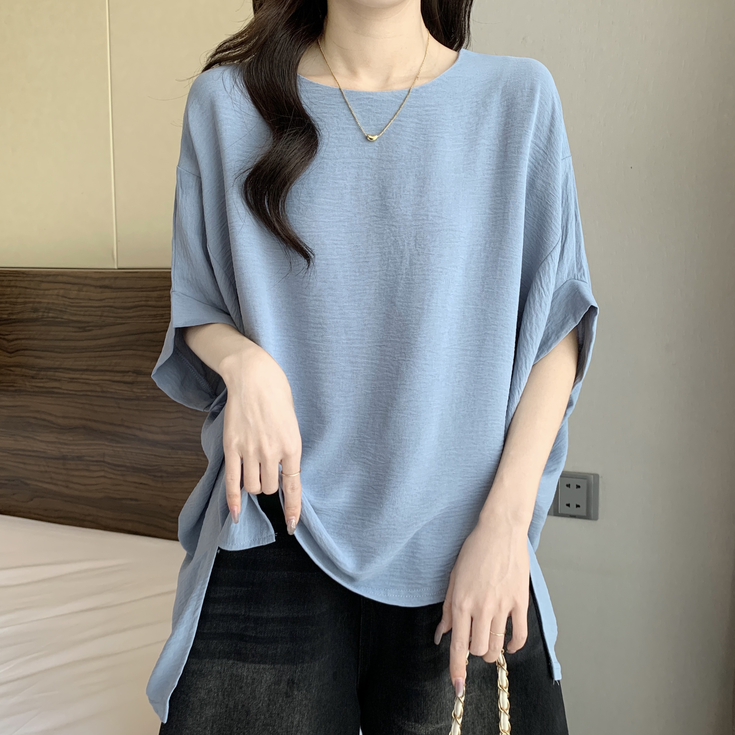 大码女装慵懒风宽松蝙蝠袖t桖胖mm气质遮肚显瘦欧货短袖上衣