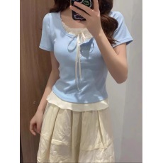 批发针织料~~芭蕾风<b class='q'>假两件</b>T恤女夏季蝴蝶结打底衫木耳边修身绝美上衣