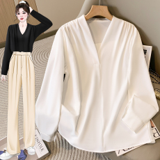 批发无领白衬衫女上衣高级感气质v领职业长袖衬衣