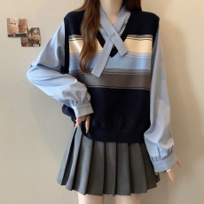 批发实拍~大码<b class='q'>秋</b>季新款设计感拼接假两件衬衫女蓝色气质长袖显瘦上衣
