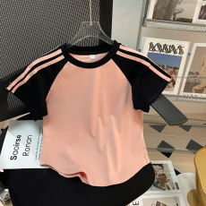 批发210克纯棉螺纹 三条杠插肩袖T恤女短袖短款夏空白版光板