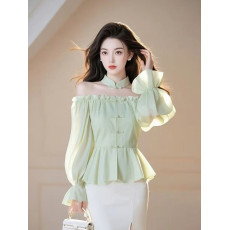 批发有货 2026春秋季新款新中式轻国风绿色露肩盘扣长袖衬衫女上衣