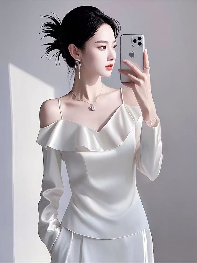 MY16390# 新款设计感高级白色吊带缎面衬衫女荷叶边衬衣女裝貨源服裝批...