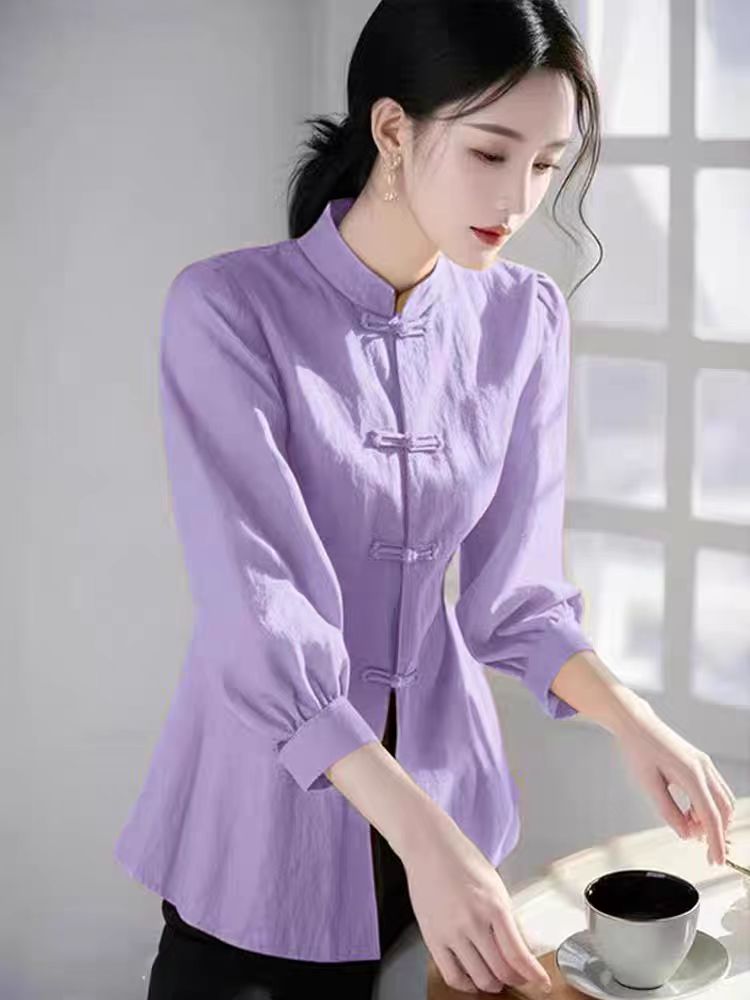 MY16389# 新款新中式国风盘扣立领衬衫女休闲百搭上衣女女裝貨源服裝批...