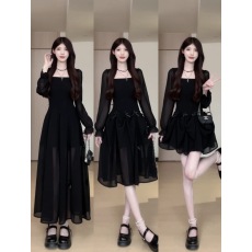 批发一裙多穿蝴蝶结蓝色吊带连衣裙女夏季设计感裙子甜辣收腰a字长裙