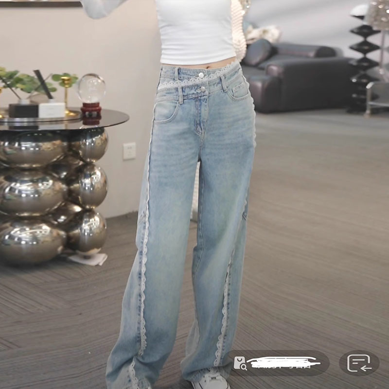 비엔티안 업데이트 봄 새로운 패션 캐주얼 스트레이트 레이스 조각 청바지