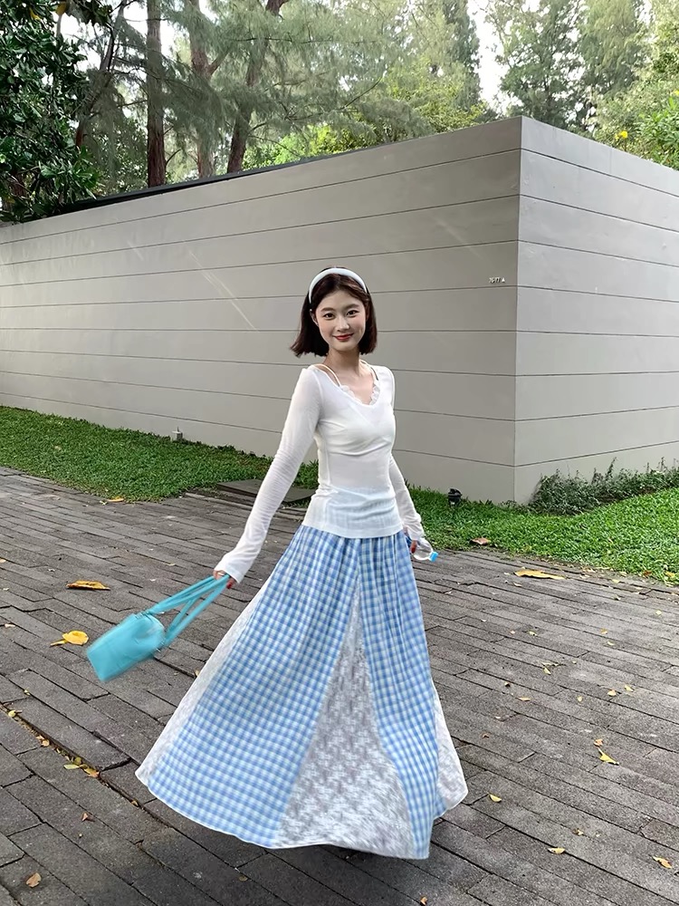 감사합니다. 아니요 고기 체크무늬 패치워크 레이스 반신 스커트 여성 봄 한 부서 품격 디자인 센스 한 마디 롱 코트 치마