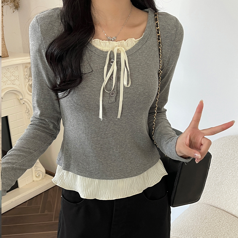 MY2563# 假两件短款独特别致荷叶边设计感上衣长袖t恤女女裝貨源服裝批發