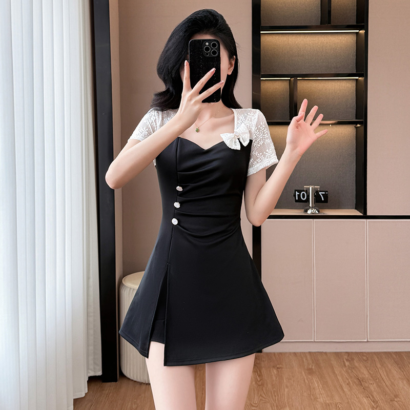 FA30234# 夏季气质减龄时尚套装设计感蕾丝拼接连衣裙短裤两件套 服裝批發女裝批發服飾貨源