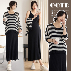 批发新品#孕妇连衣裙春夏季2025新款夏天背心裙+镂空条纹罩衫两件套装