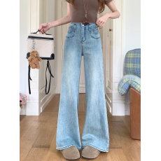 批发春季高腰直筒牛仔<b class='q'>长裤</b>女复古水洗腰头设计感阔腿拖地裤子