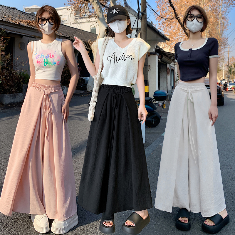 MY1658# 日系抽绳叠层阔腿裤新款高腰垂感冰丝慵懒风休闲裤裙女裝貨源服裝批發