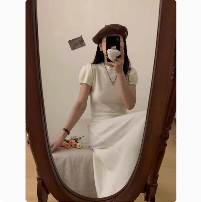 阿园定制洋气圆领套头短袖针织连衣裙女秋季韩版收腰显瘦中长款裙