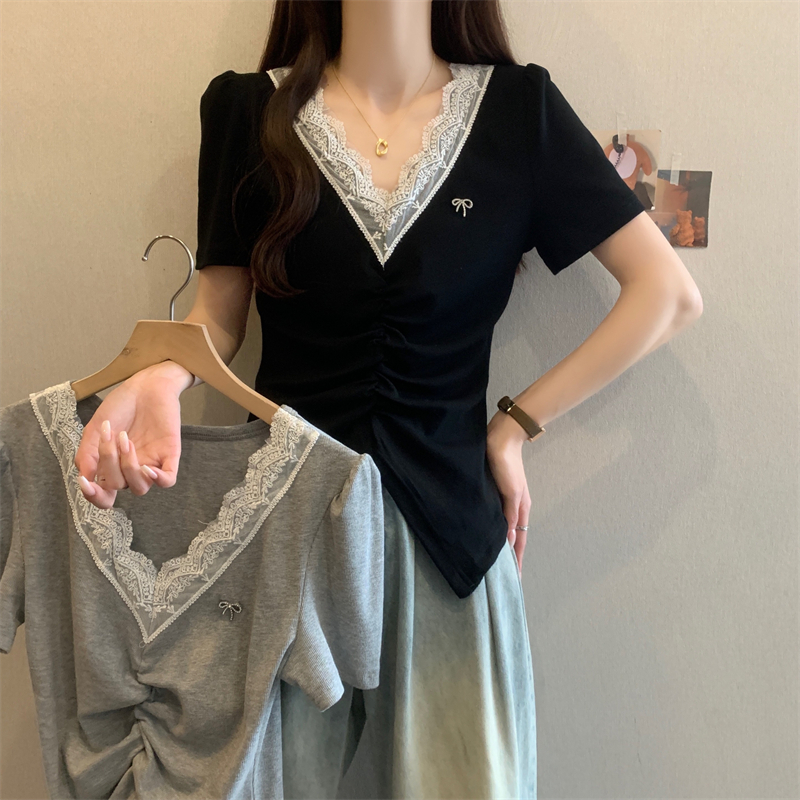 MY1533# 大码胖MM设计感蕾丝拼接V领不规则开叉修身显瘦短袖上衣女裝貨源服裝批發