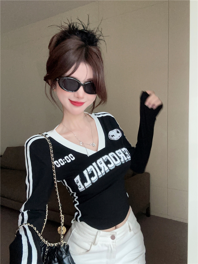 MY2766#黑色长袖t恤女春季美式复古辣妹紧身短款bella风上衣女裝貨源服裝批發