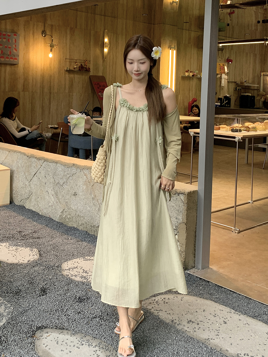 실사 부드러운 바람 봄 새로운 드레스 디자인 센스 3 차원 꽃 패치워크 쉬폰 슬립 드레스 단색 오픈 가디건