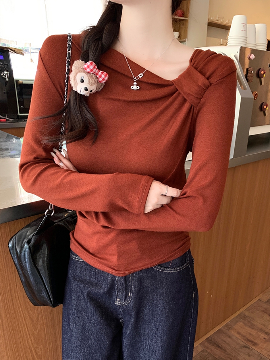 MY1685# 高级感不规则褶皱长袖T恤女新款内搭修身显瘦打底衫上衣女裝貨源服裝批發