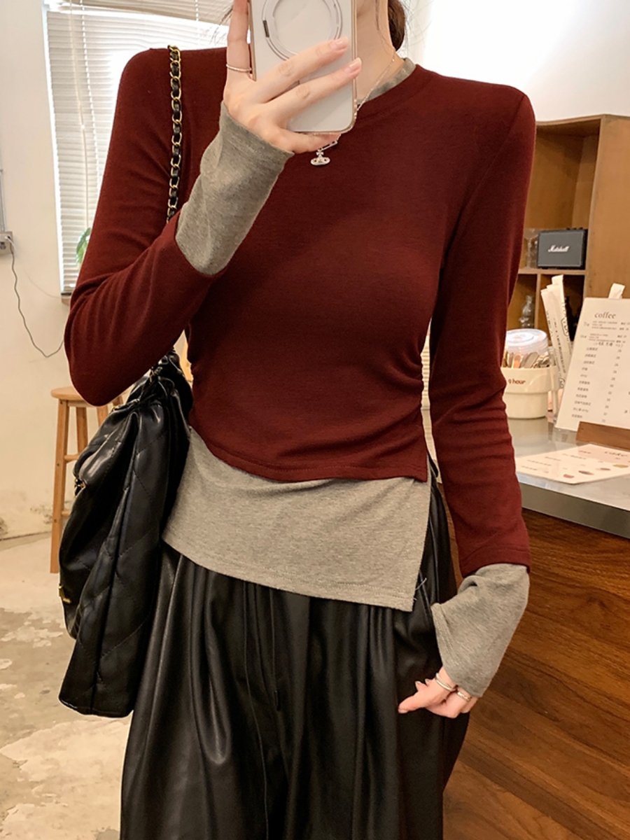MY1686# 假两件拼接圆领长袖t恤收腰气质设计不规则上衣打底衫女裝貨源服裝批發