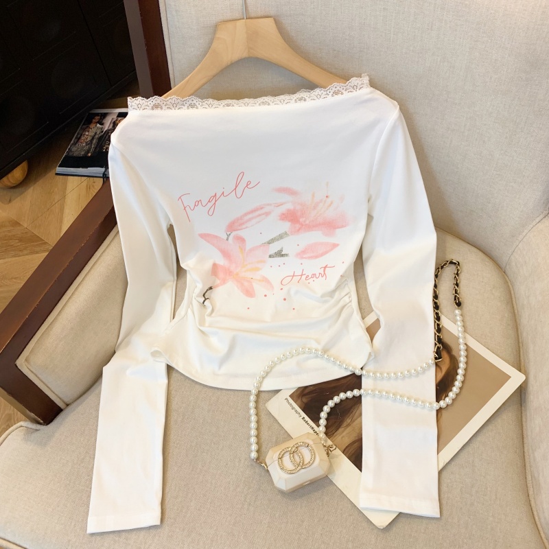FA12176# 上蕾丝纯欲针织一字肩打底衫修身内搭上衣 服裝批發女裝批發服飾貨源