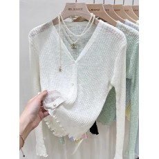 批发冰丝v领<b class='q'>针织</b>防晒开衫女薄款夏季白色外搭披肩空调衫短款上衣外套