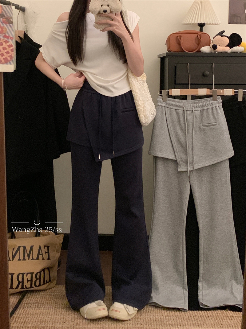 실사 정가 2026 봄 새로운 패치워크 방귀 커튼 페이크 레이어드 다용도 부츠컷 캐주얼 와이드 레그 팬츠