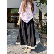 批发实拍实价 韩版设计感甜美蕾丝花边拼接<b class='q'>棉麻</b>高腰休闲口袋半身裙