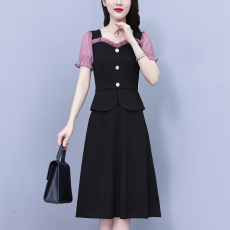 批发大码女装2026夏季胖mm荷叶边拼接洋气显瘦名媛中长款连衣裙淑女